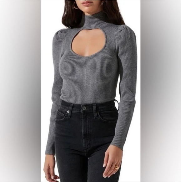ASTR THE LABEL Front Cutout Sexy Gray Ribbed Bodysuit Size Small EUC Stretch - Picture 3 of 7